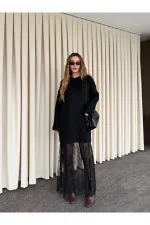 Siyah Tül Detaylı Uzun Triko Elbise - 251009