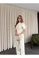 Ensemble chemisier et pantalon asymétrique blanc cassé à manches ballon - 25194