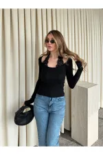 Black Blouse with Lace Neckline - 261017