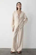Ensemble chemisier et pantalon beige 100 % coton à nouer