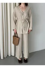 %100 Pamuk Kemerli Gömlek Pantolon Takım - 034