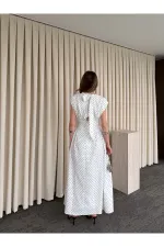 Ekru Vatkalı Puantiyeli Elbise - 2607