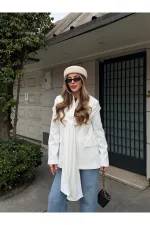 Beyaz Gold Düğmeli Şallı Ceket - 9721