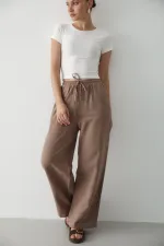 Milk Coffee Wide Leg Trousers with Elastic Waistband - 2813