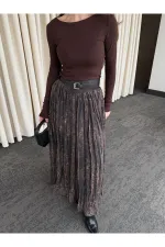 Kahverengi Beli Lastikli Kemerli Baskılı Etek - 3374