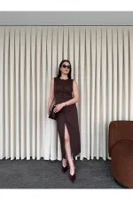 Kahverengi Düğmeli Kemerli Gabardin Elbise - 5002