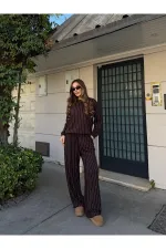 Kahverengi Taşlı Bluz Pantolon Takım - 0766