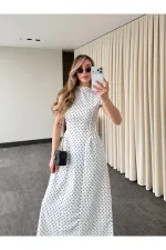 Beyaz Puantiyeli Uzun Elbise - 5092