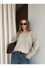 Bej Taş İşlemeli Kayık Yaka Kazak - 251189