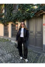 Siyah Bomber Saten Ceket Pantolon Takım - 9663 - 51229