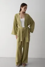 Haki %100 Pamuk Cep Detaylı Kuşaklı Kimono Takım - 8491