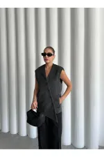 Antrasit Venedik Çapraz Düğmeli Yelek