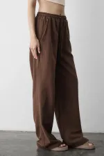 Pantalon marron en coton et lin avec taille élastique