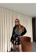 Kahverengi - Beyaz Flok Baskılı Etek - 261002