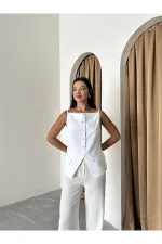 White 100% Cotton Thin Strap Vest with Pocket and Button Details White 100% Cotton Thin Strap Vest with Pocket and Button Details