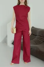 Ensemble chemisier et pantalon asymétriques bordeaux - 7227