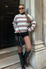 Pull oversize en maille rayée bordeaux - 2516