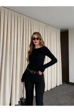 Black Crew Neck Long Sleeve Bodysuit - 0098