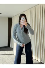 Gri Balıkçı Yaka Çift Fermuarlı Hırka - 251108