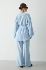 Mavi Pamuklu Düğme Detaylı Kemerli Keten Kimono