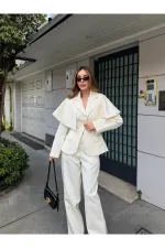 Ekru Pelerin Detaylı Ceket Pantolon Takım - 202604