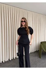 Ensemble chemisier asymétrique noir à manches ballon et pantalon - 25194