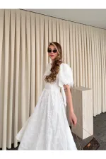 Beyaz %100 Pamuk Sırtı Açık Fisto Elbise - 8235