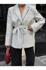 Veste Blazer en Cachemire Ceinturée Bouclé Gris - 7368