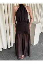 Kahverengi Gül Detaylı Şifon Elbise - 2485