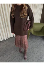 Kahverengi Saten Dantelli Etek - 37206