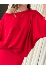 Kırmızı Omuz Drapeli Saten Bluz Etek Takım - 8005