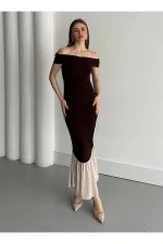 Kahverengi Kayık Yaka Fırfırlı Elbise - 4798