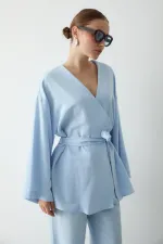 Mavi Pamuklu Düğme Detaylı Kemerli Keten Kimono
