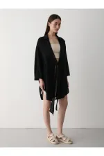 Siyah Flam Keten Kimono Gömlek