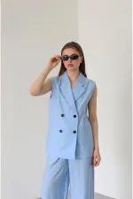 Blue and Black Button-Down Vest and Trousers Set