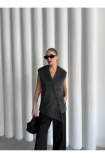 Antrasit Venedik Çapraz Düğmeli Yelek