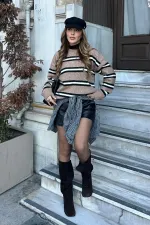 Pull en maille oversize à rayures marron - 2516