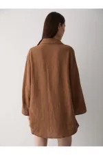 Coffee 100% Cotton Linen Kimono Blouse with Lace Detail