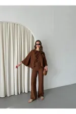 Ensemble chemisier et pantalon marron avec détails de surpiqûres au col - 9002