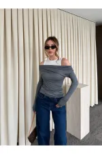 Gri Beyaz Atletli Kayık Yaka Bluz - 0780