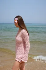 Ensemble cardigan et jupe à boutons en perles roses - 7221