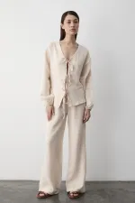 Ensemble chemisier et pantalon beige 100 % coton à nouer