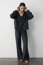 Antrasit %100 Pamuk Bağlamalı Bluz Pantolon Takım