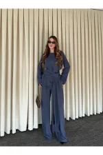 Ensemble chemisier et pantalon indigo avec ceinture et détails en dentelle - 8006