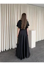 Siyah Saten Yırtmaçlı Elbise - 2026