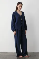 Navy Blue 100% Cotton Tie-Up Blouse and Pants Set