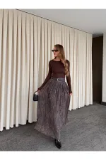 Kahverengi Beli Lastikli Kemerli Baskılı Etek - 3374