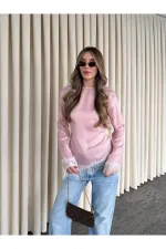 Pembe Saten Asimetrik Dantelli Bluz - 0320