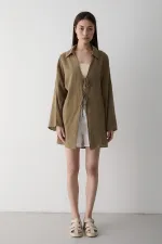 Olive %100 Keten Bağcık Detaylı Kimono Bluz - 5218