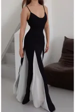 Black and White Long Dress with Adjustable Straps - 0205